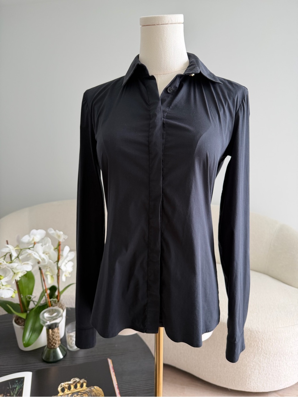Versace Black Stretch Button Front Blouse Long Sleeve IT 38 Made in Italy - Picture 4 of 15